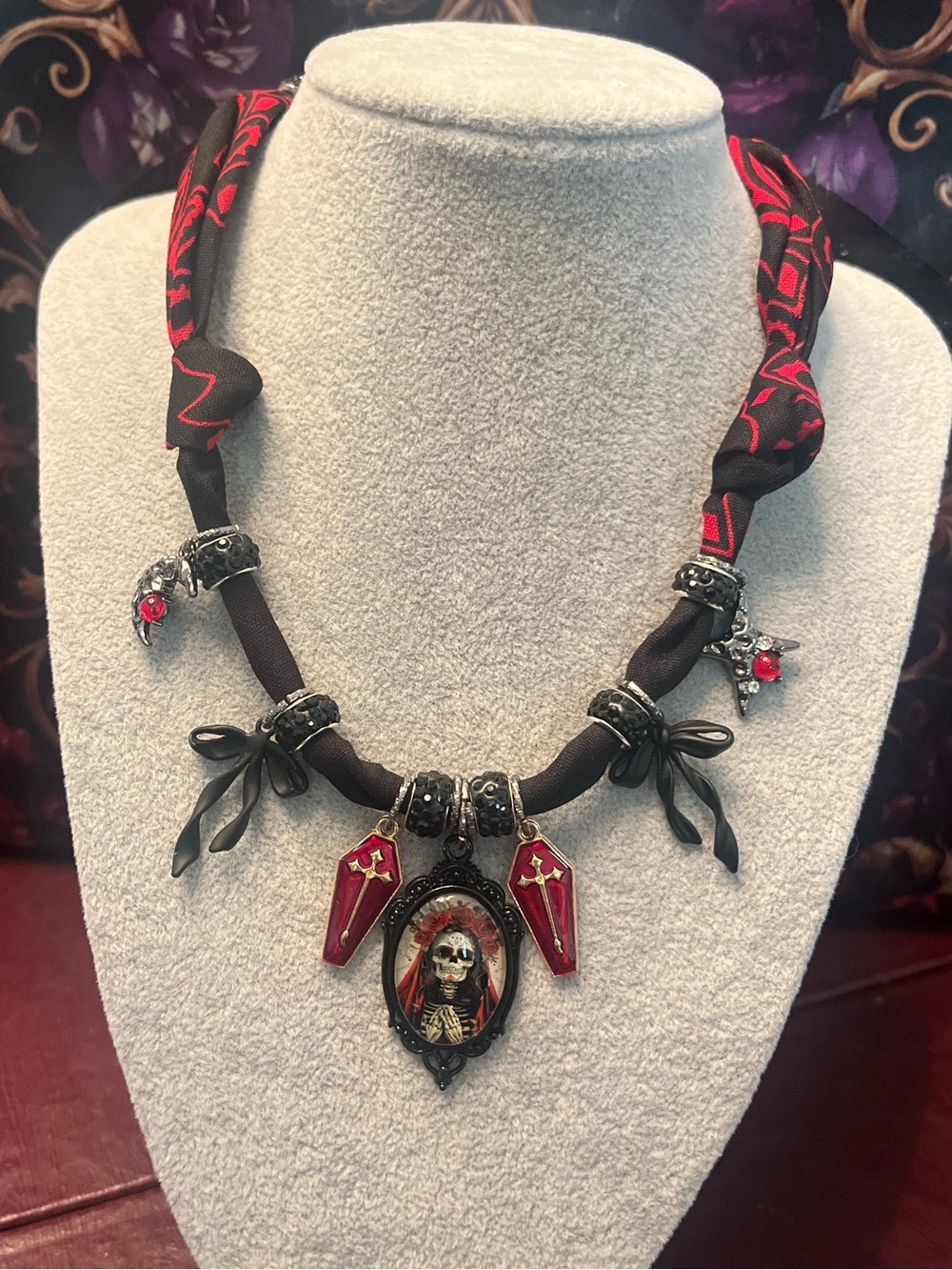 Gothic Day of the Dead Sugar Skull Coffin Pendant Necklace in Black & Red